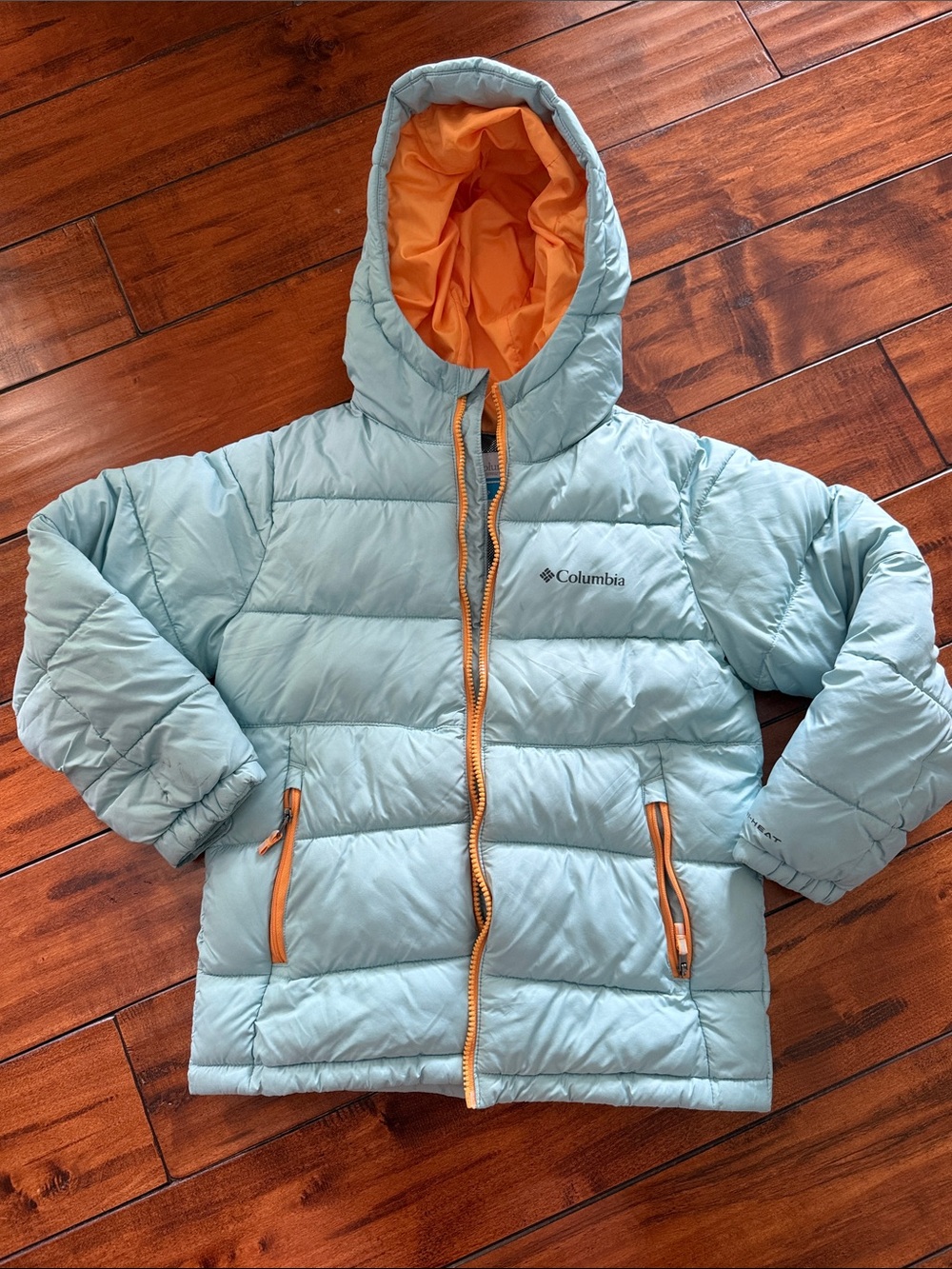 Columbia Light Blue Puffer Jacket with Orange Accents